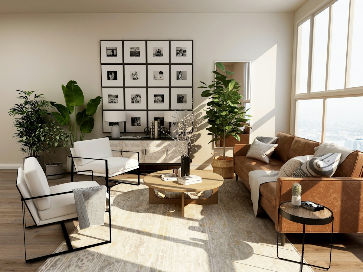 A light-filled living room with natural finishes and comfortable seating
